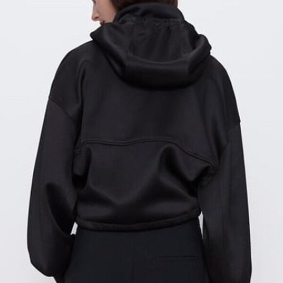 NEW Zara Women's Cropped Hooded Bomber Jogger Jacket Black - Picture 5 of 12